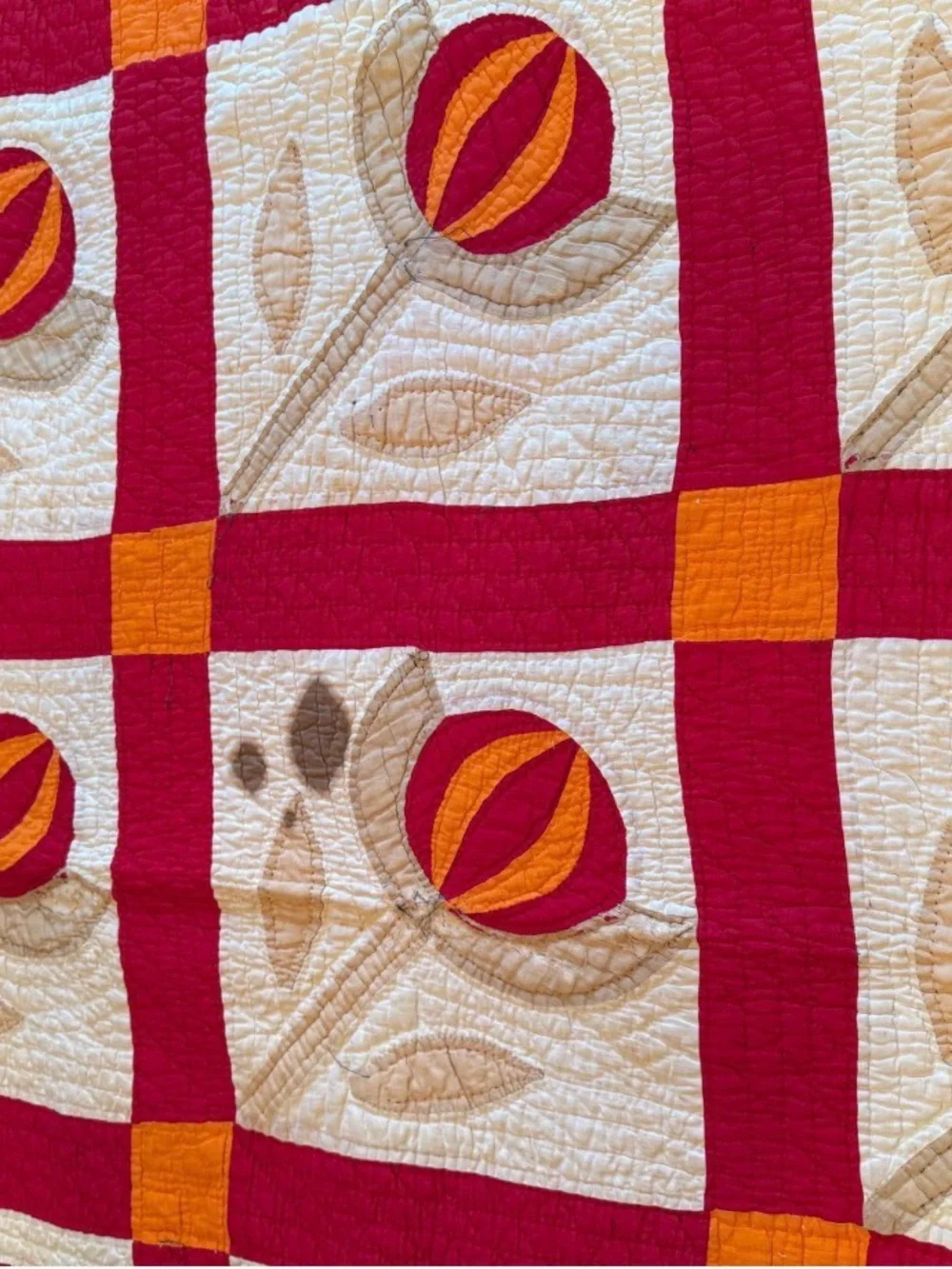 Antique Love Apple Patchwork Quilt in Red, Orange, Cream c 1850